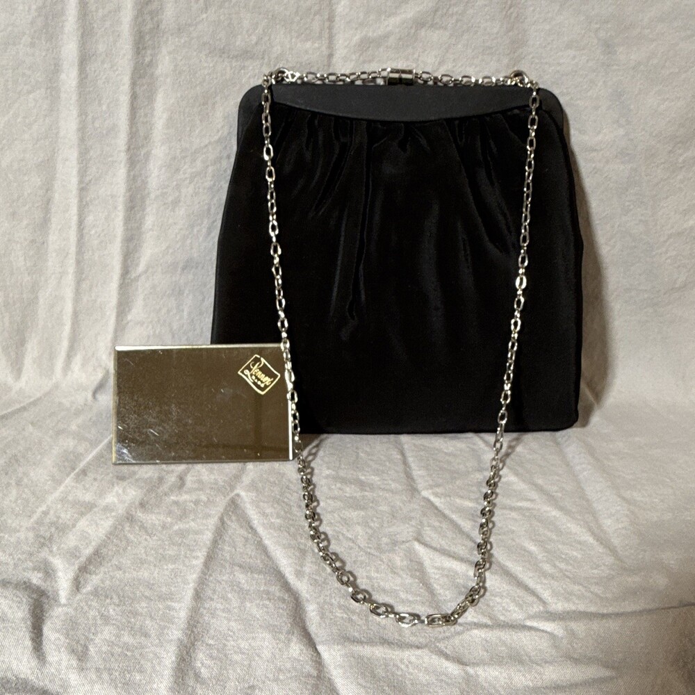 Vintage Admiral 1950s Black Satin Evening Clutch with Silver Chain Strap
